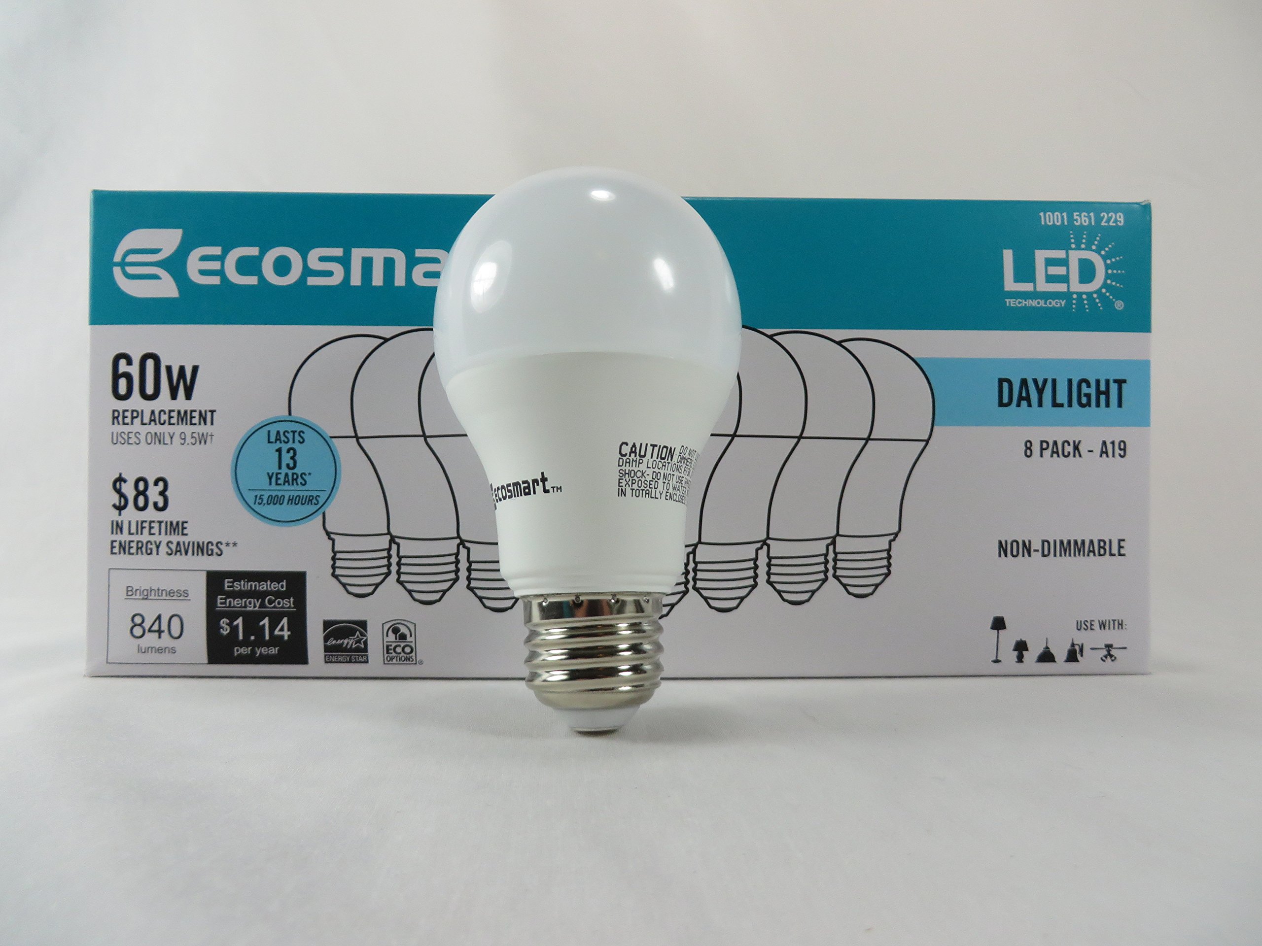 Ecosmart 8 Pack A19 60 Watt Equivalent Daylight 5000k Led Light Bulb 